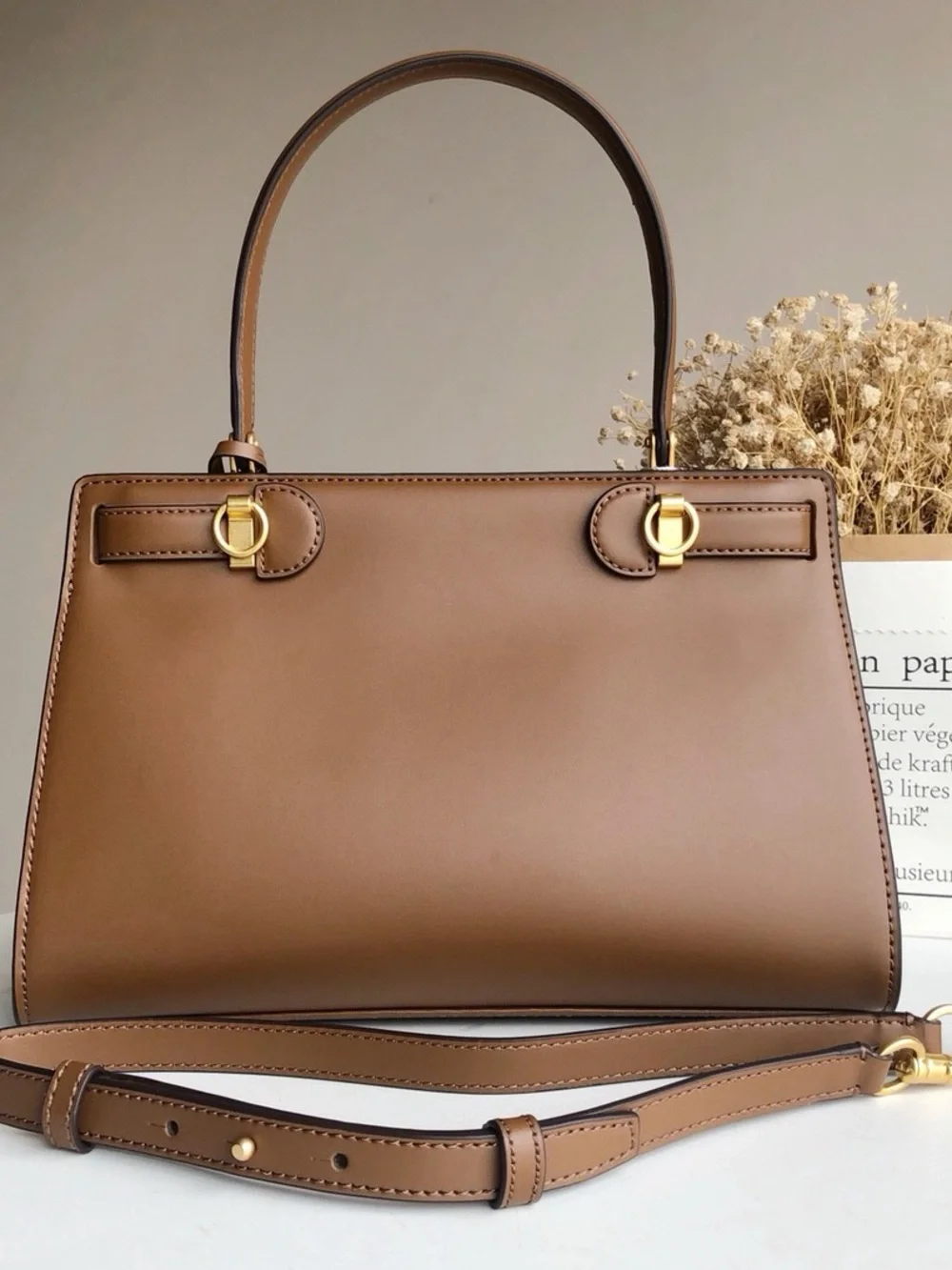 Tory Burch Smooth Brown Leather Top-Handle Satchel with Gold Hardware
